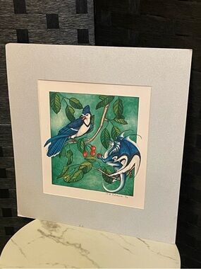 K A Johnson Painting OOAK BlueJay Mirrored Dragon Signed Gorgeous 1999 Matted